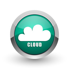 Cloud silver metallic chrome web design green round internet icon with shadow on white background.