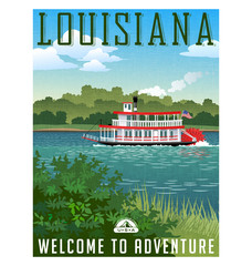 Louisiana travel poster or sticker. Vector illustration of paddle wheel riverboat and scenic landscape - 142657747