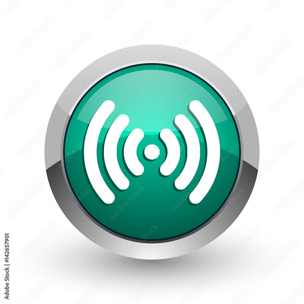 Aufkleber wifi silver metallic chrome web design green round internet icon with shadow on white background.