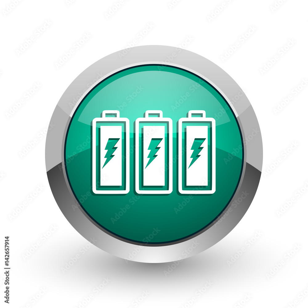 Poster battery silver metallic chrome web design green round internet icon with shadow on white background.