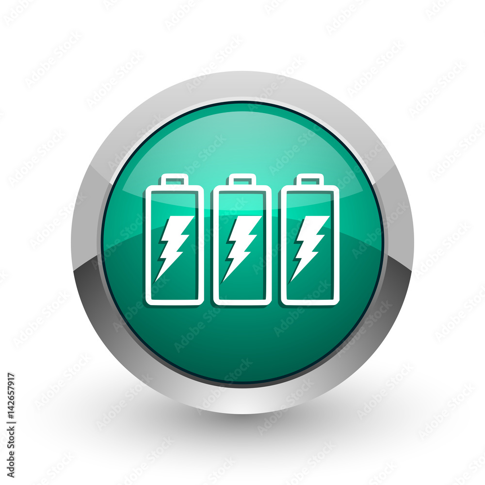 Aufkleber battery silver metallic chrome web design green round internet icon with shadow on white background.