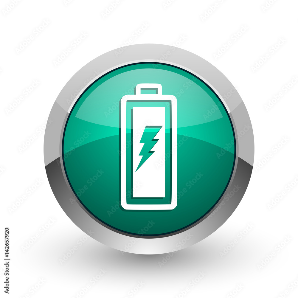 Aufkleber battery silver metallic chrome web design green round internet icon with shadow on white background.