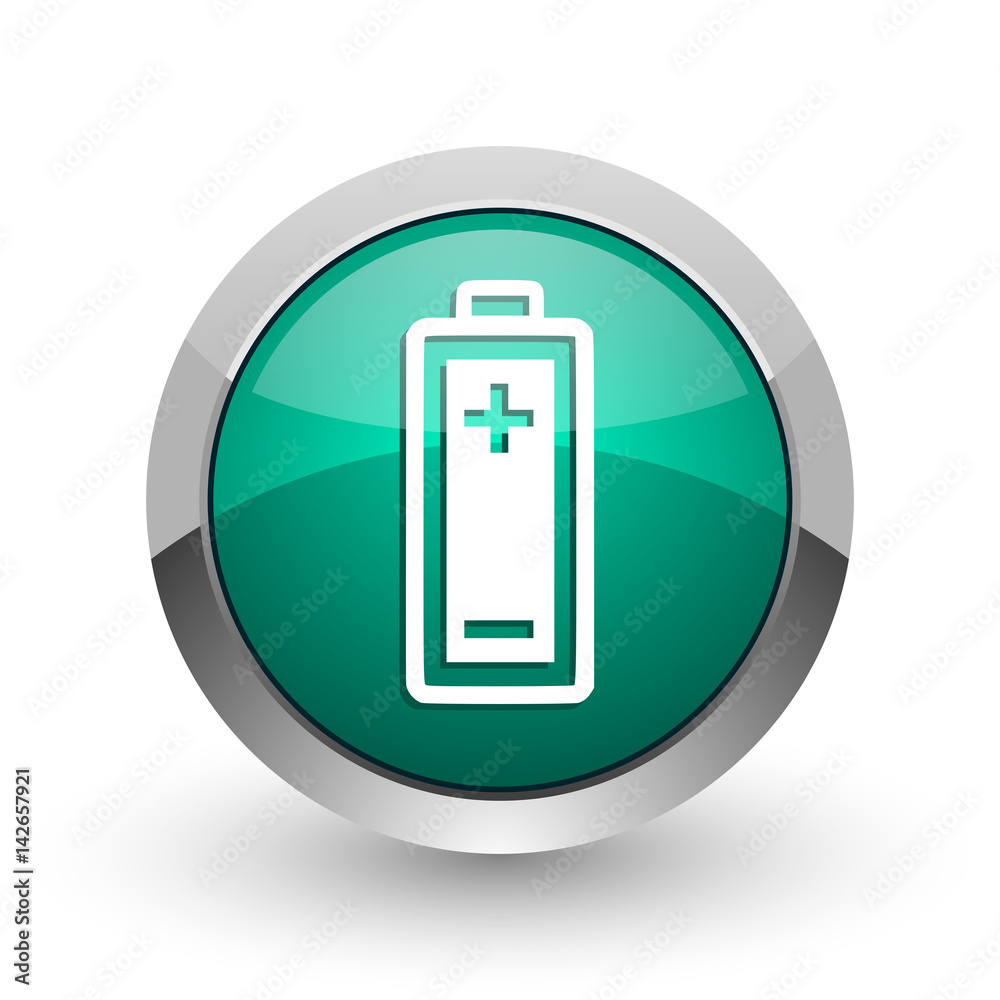 Poster battery silver metallic chrome web design green round internet icon with shadow on white background.