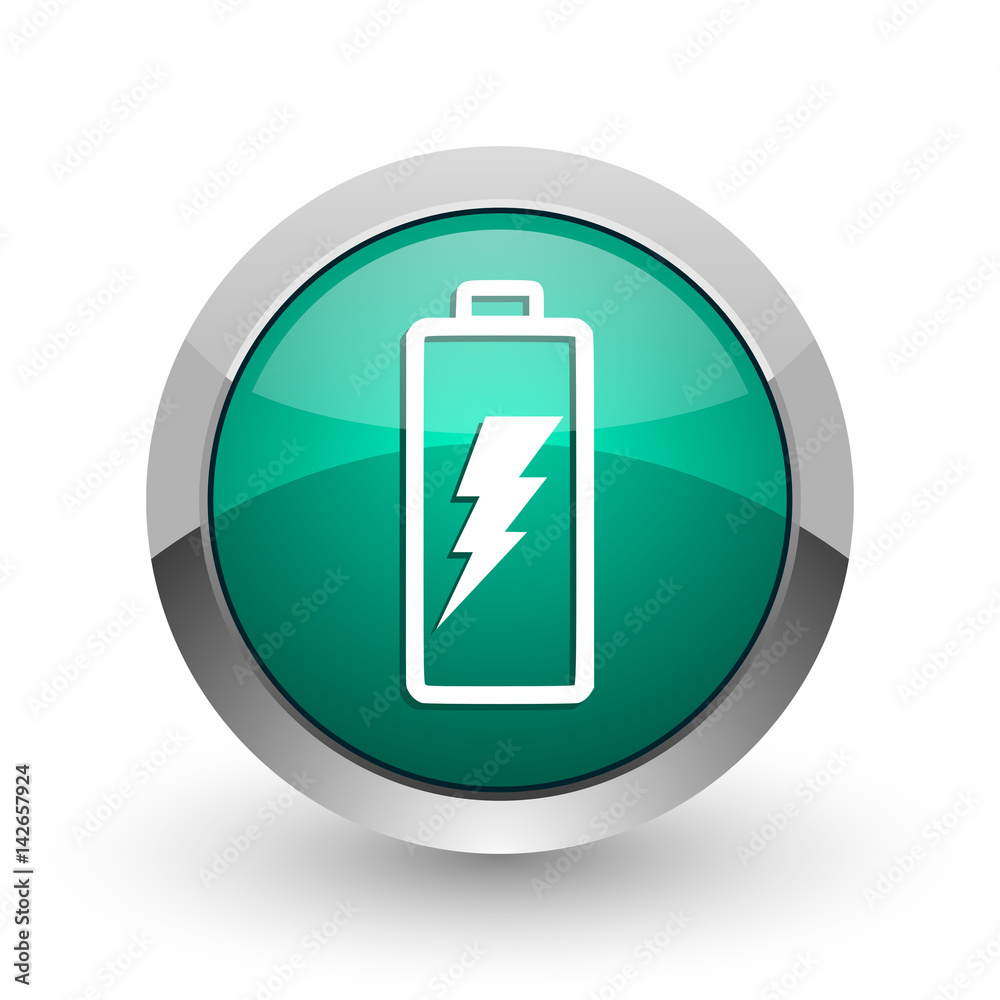 Poster battery silver metallic chrome web design green round internet icon with shadow on white background.