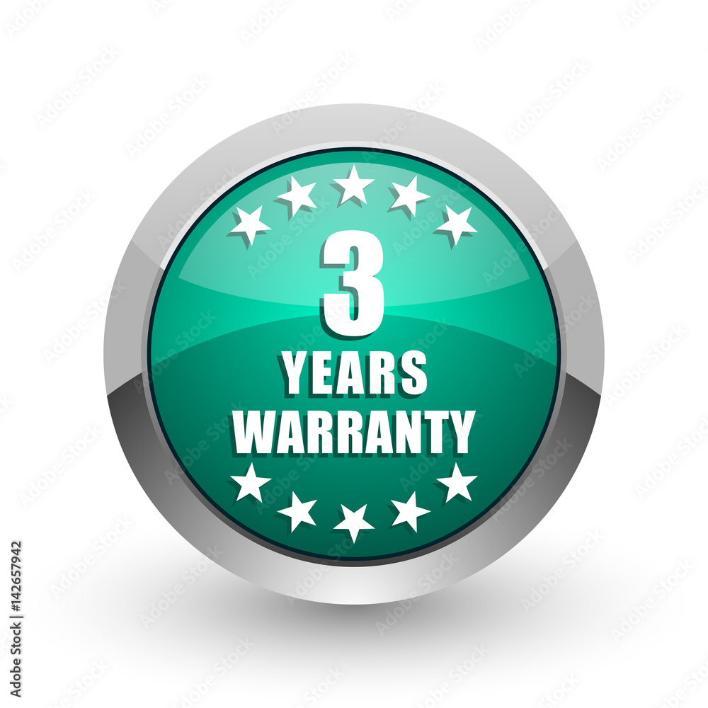 Poster warranty guarantee 3 year silver metallic chrome web design green round internet icon with shadow on