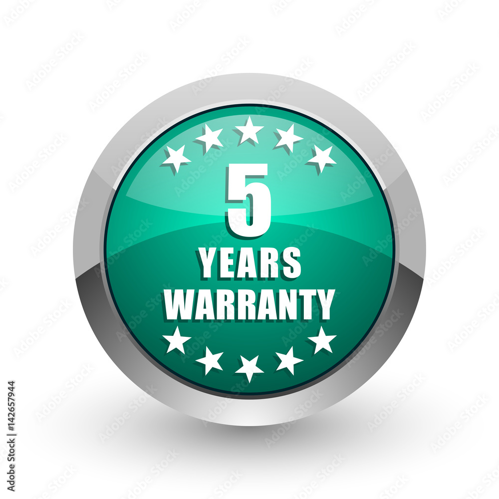 Poster warranty guarantee 5 year silver metallic chrome web design green round internet icon with shadow on