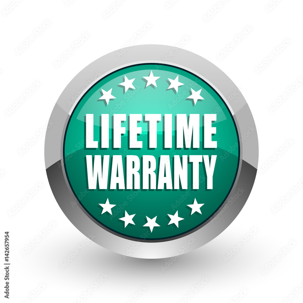 Poster lifetime warranty silver metallic chrome web design green round internet icon with shadow on white b