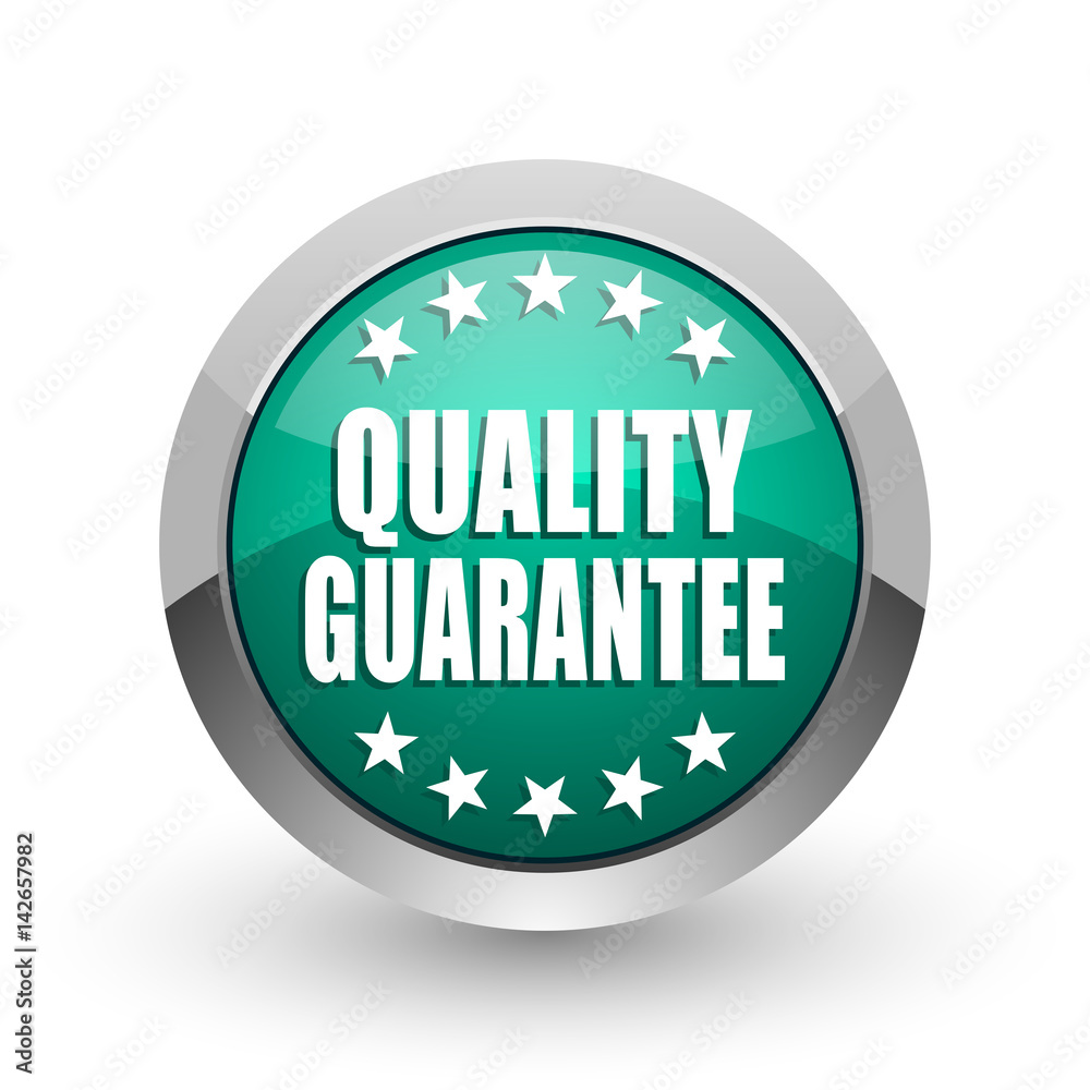 Aufkleber quality guarantee silver metallic chrome web design green round internet icon with shadow on white b