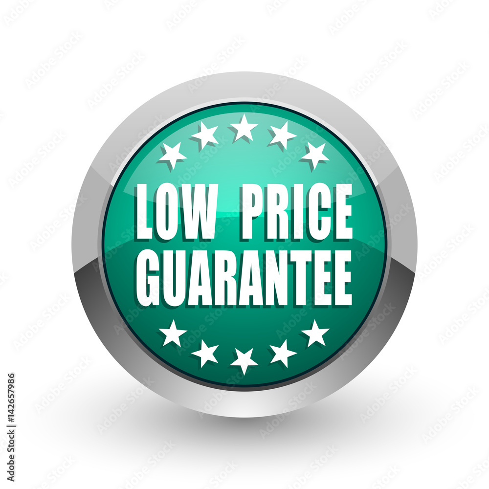 Aufkleber low price guarantee silver metallic chrome web design green round internet icon with shadow on white