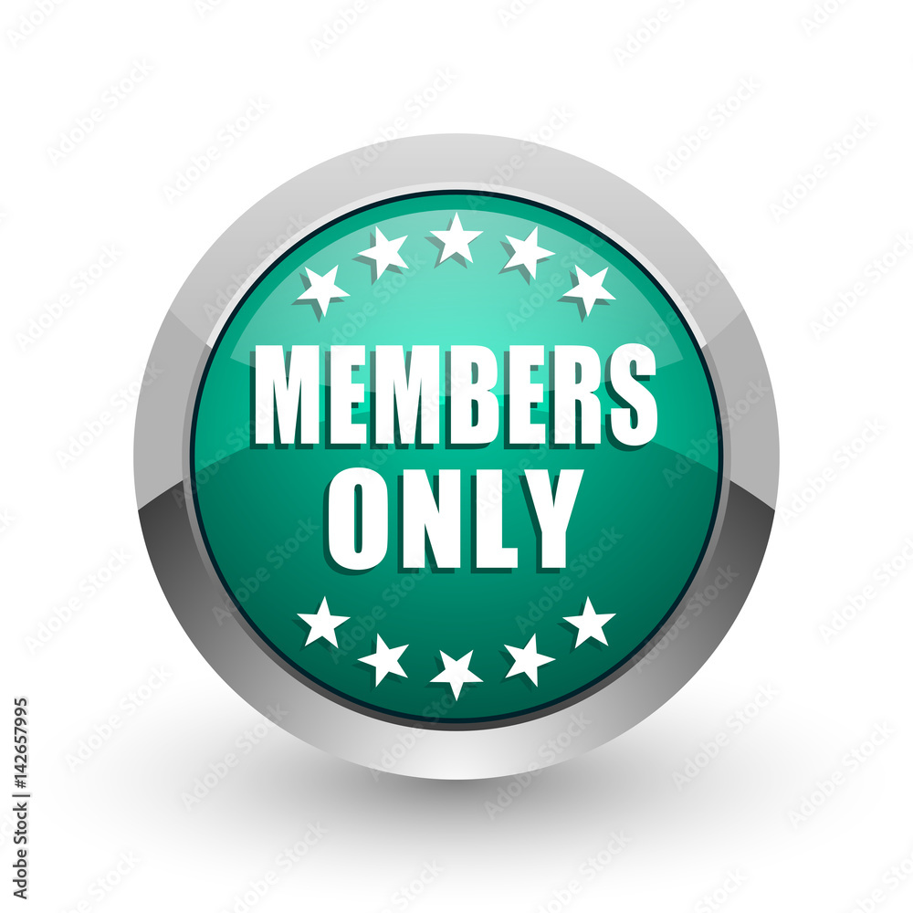 Poster members only silver metallic chrome web design green round internet icon with shadow on white backgr
