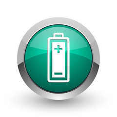 Battery silver metallic chrome web design green round internet icon with shadow on white background.