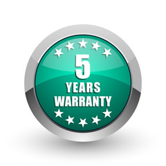 Warranty guarantee 5 year silver metallic chrome web design green round internet icon with shadow on white background.