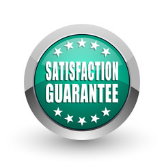 Satisfaction guarantee silver metallic chrome web design green round internet icon with shadow on white background.