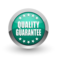 Quality guarantee silver metallic chrome web design green round internet icon with shadow on white background.