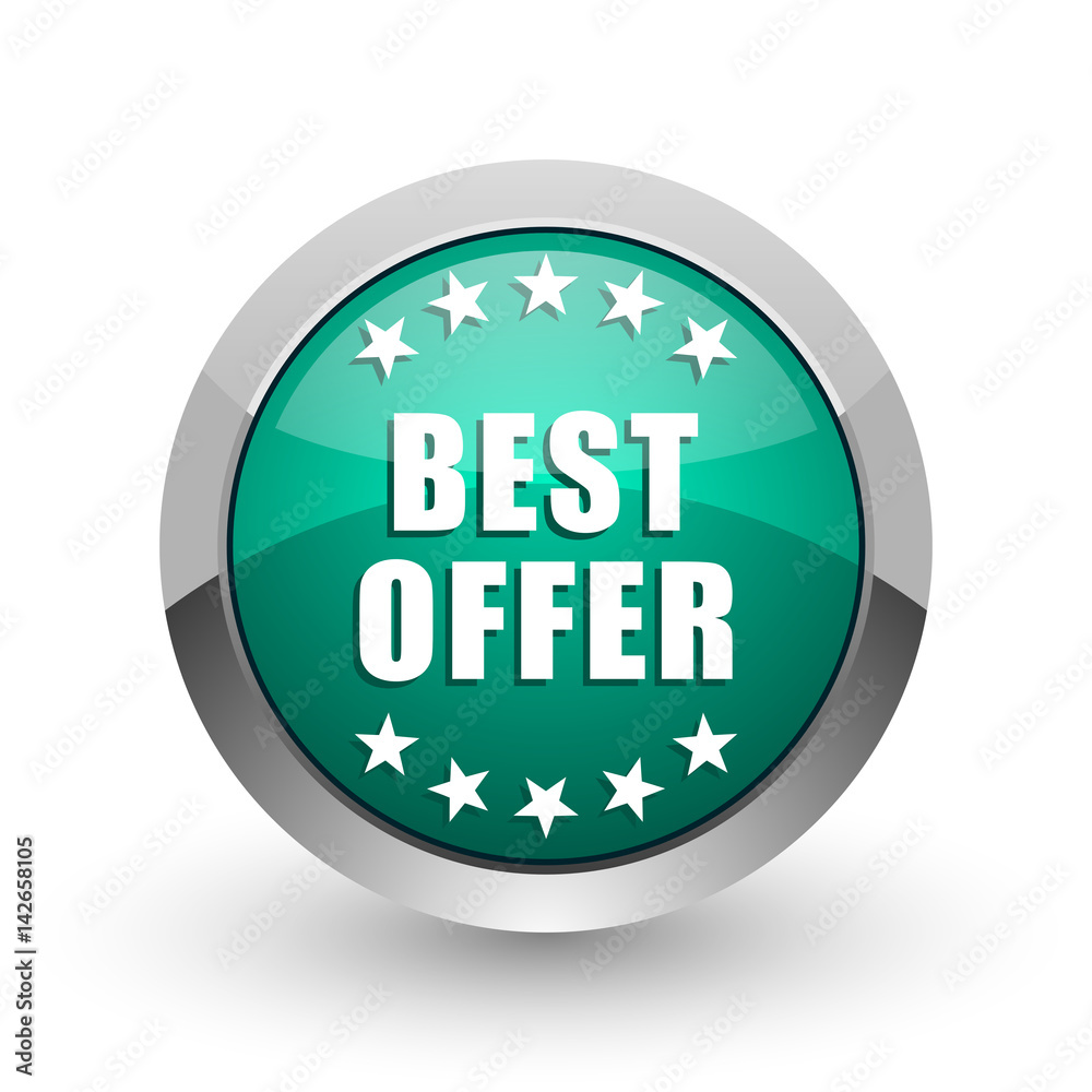 Poster Best offer silver metallic chrome web design green round internet icon with shadow on white background.