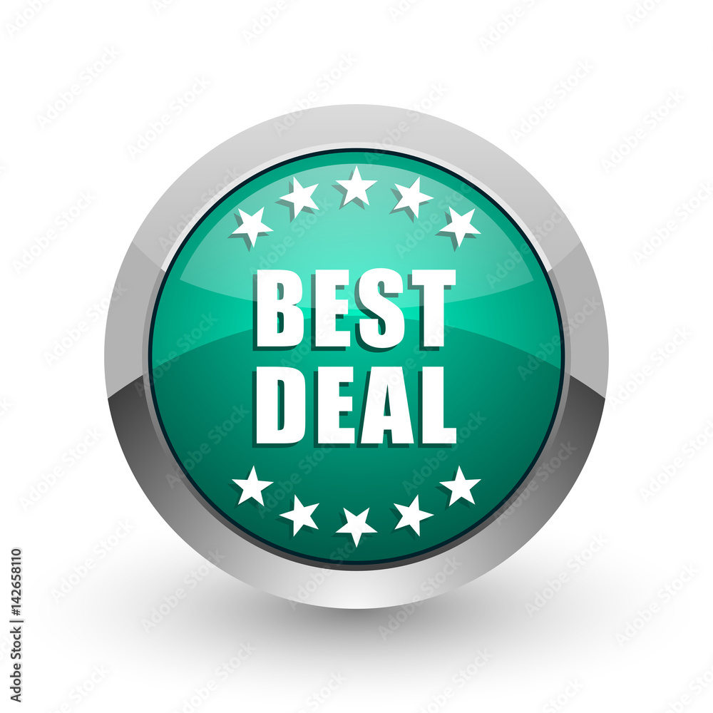 Poster best deal silver metallic chrome web design green round internet icon with shadow on white backgroun