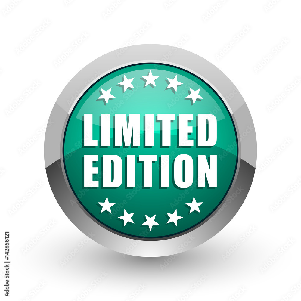 Aufkleber limited edition silver metallic chrome web design green round internet icon with shadow on white bac