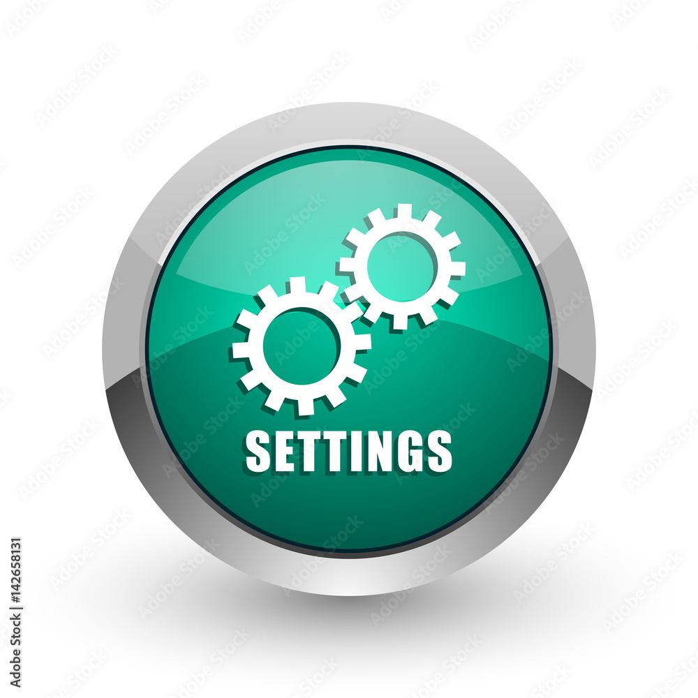 Poster settings silver metallic chrome web design green round internet icon with shadow on white background