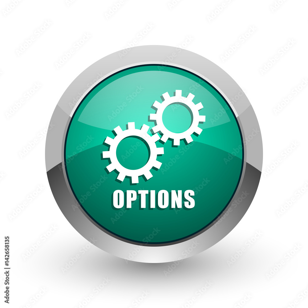 Poster Options silver metallic chrome web design green round internet icon with shadow on white background.