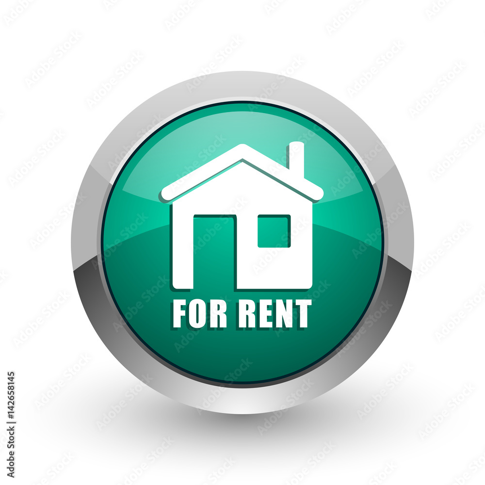 Poster for rent silver metallic chrome web design green round internet icon with shadow on white background
