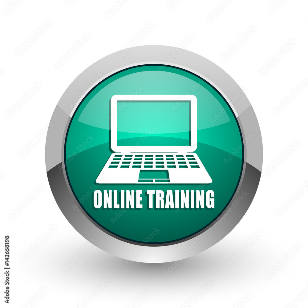 Poster online training silver metallic chrome web design green round internet icon with shadow on white bac