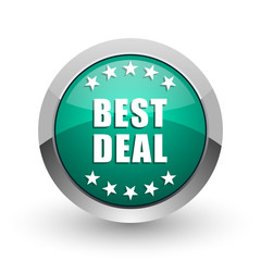 Best deal silver metallic chrome web design green round internet icon with shadow on white background.