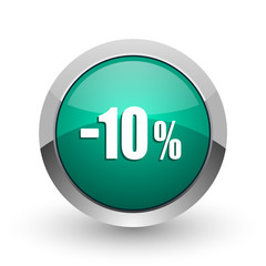 10 percent sale retail silver metallic chrome web design green round internet icon with shadow on white background.