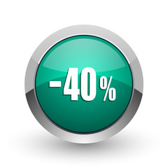 40 percent sale retail silver metallic chrome web design green round internet icon with shadow on white background.