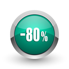 80 percent sale retail silver metallic chrome web design green round internet icon with shadow on white background.