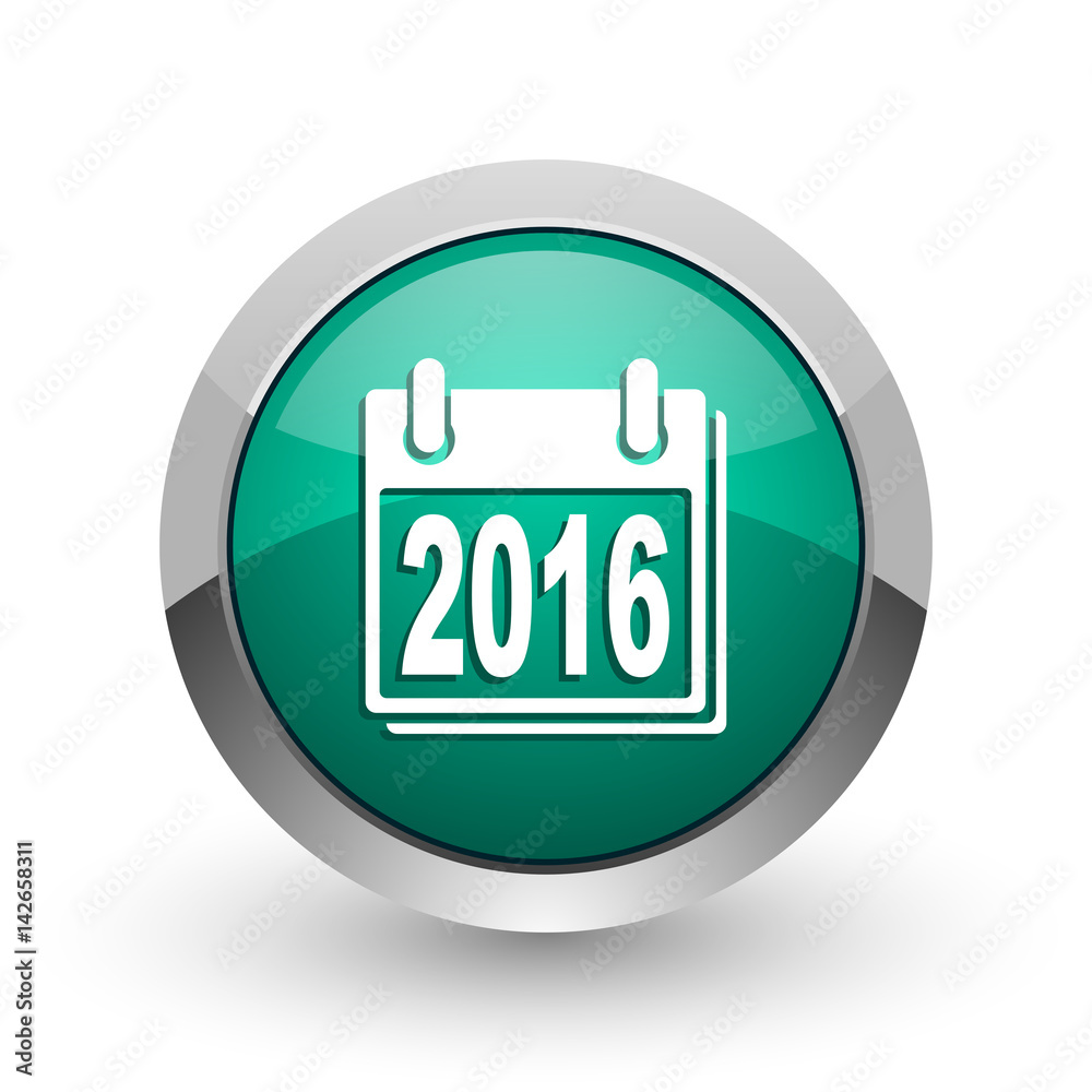Poster new year 2016 silver metallic chrome web design green round internet icon with shadow on white backg