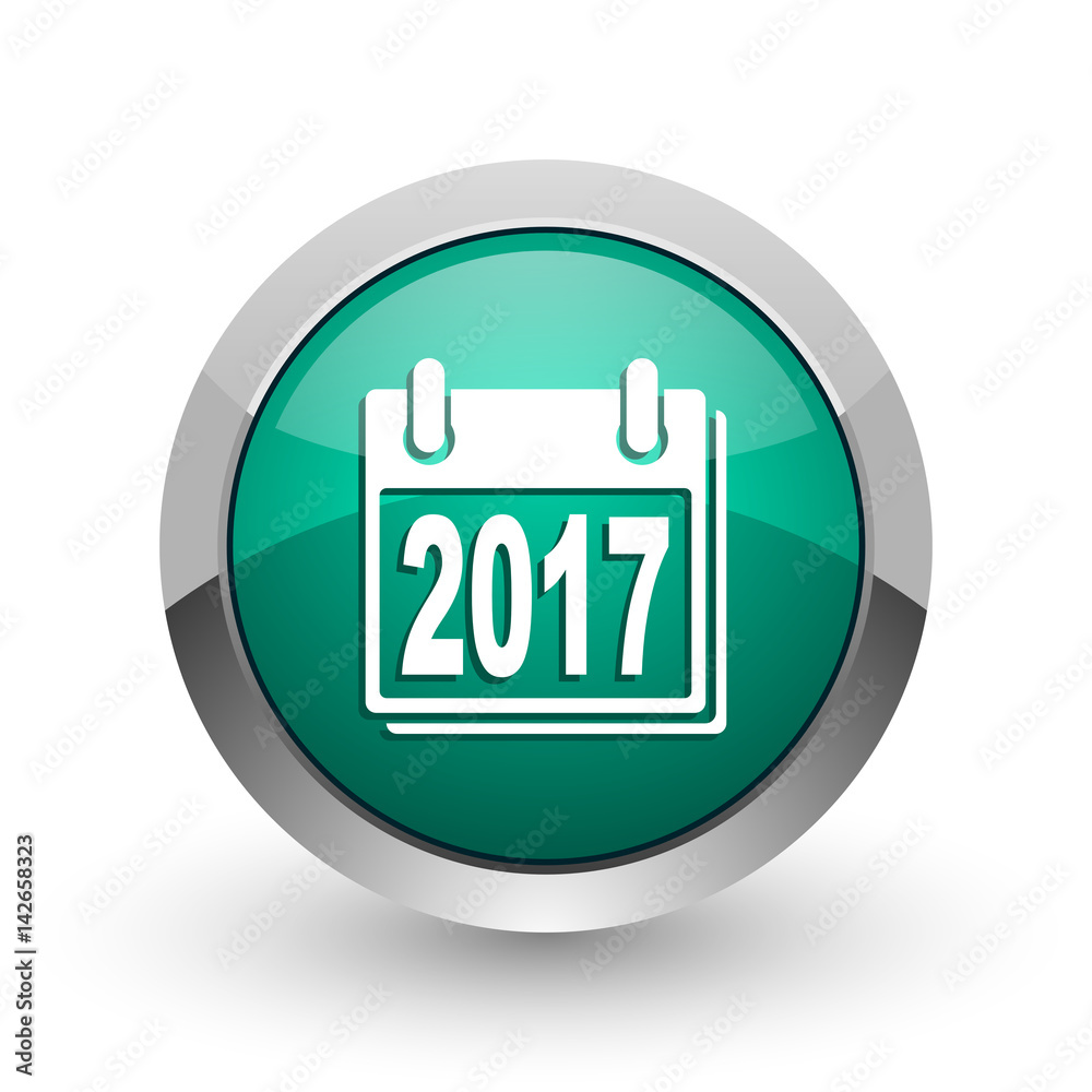 Poster new year 2017 silver metallic chrome web design green round internet icon with shadow on white backg