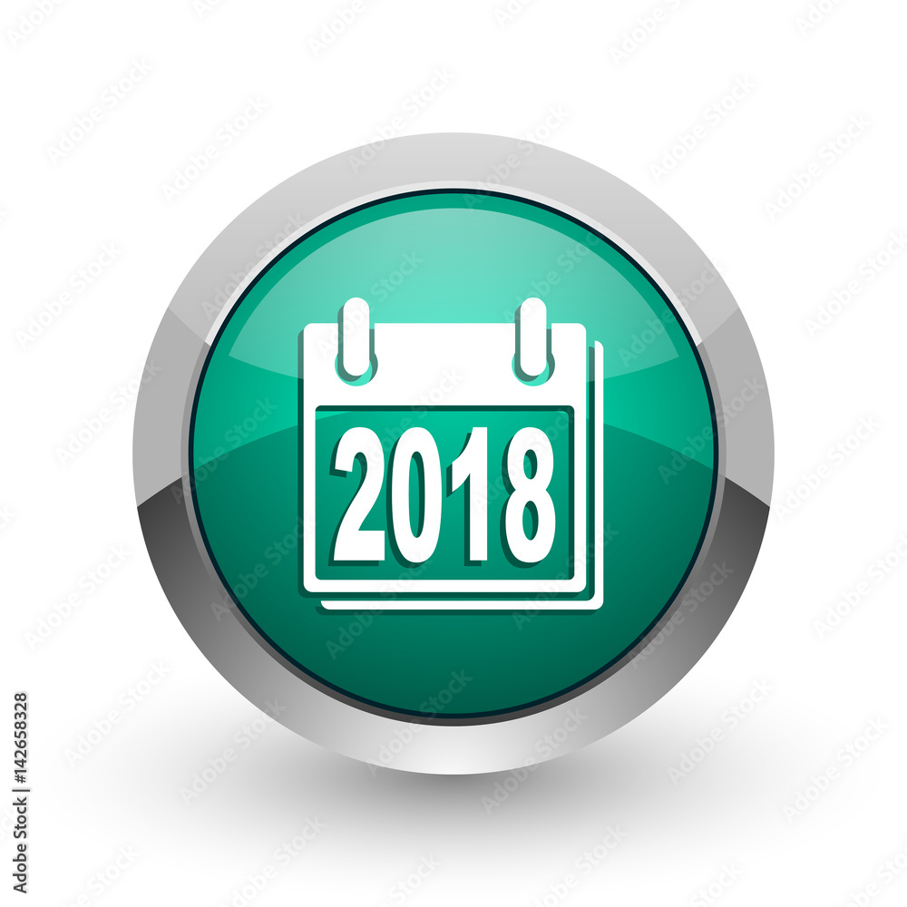 Poster new year 2018 silver metallic chrome web design green round internet icon with shadow on white backg