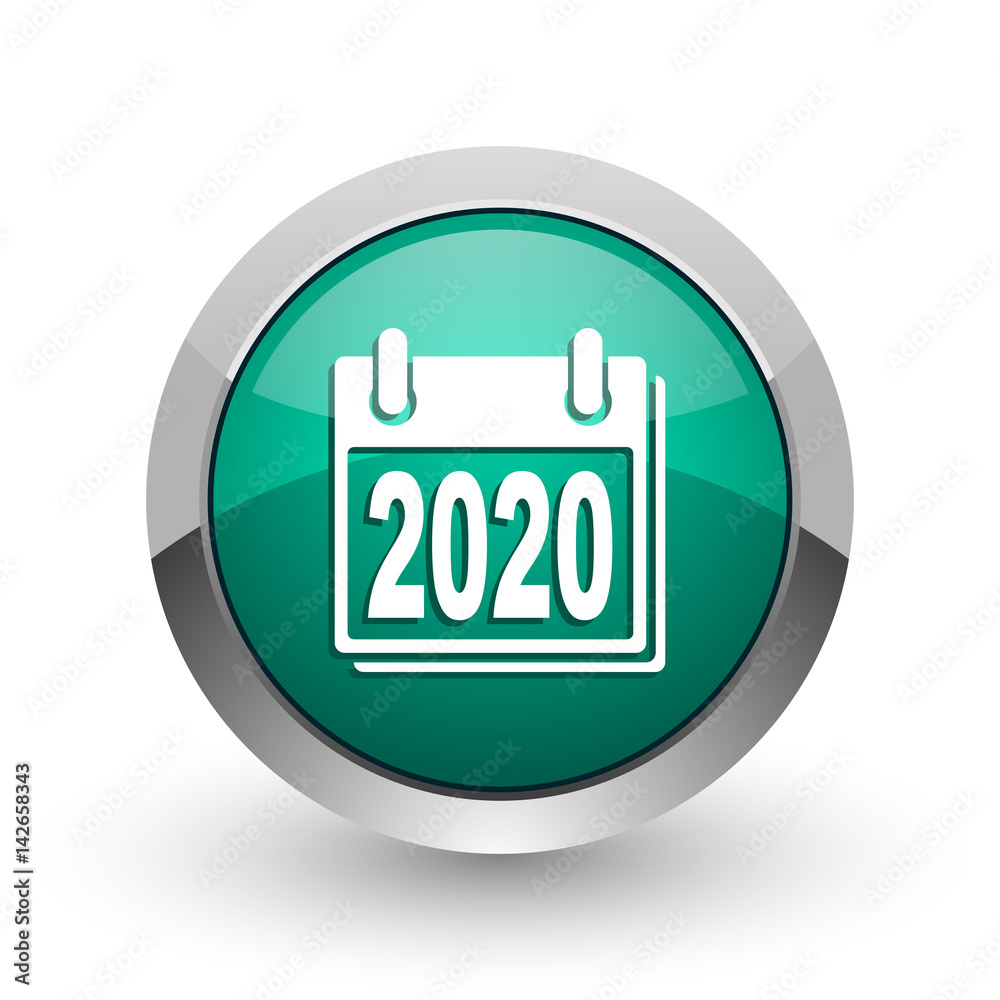 Poster New year 2020 silver metallic chrome web design green round internet icon with shadow on white background.