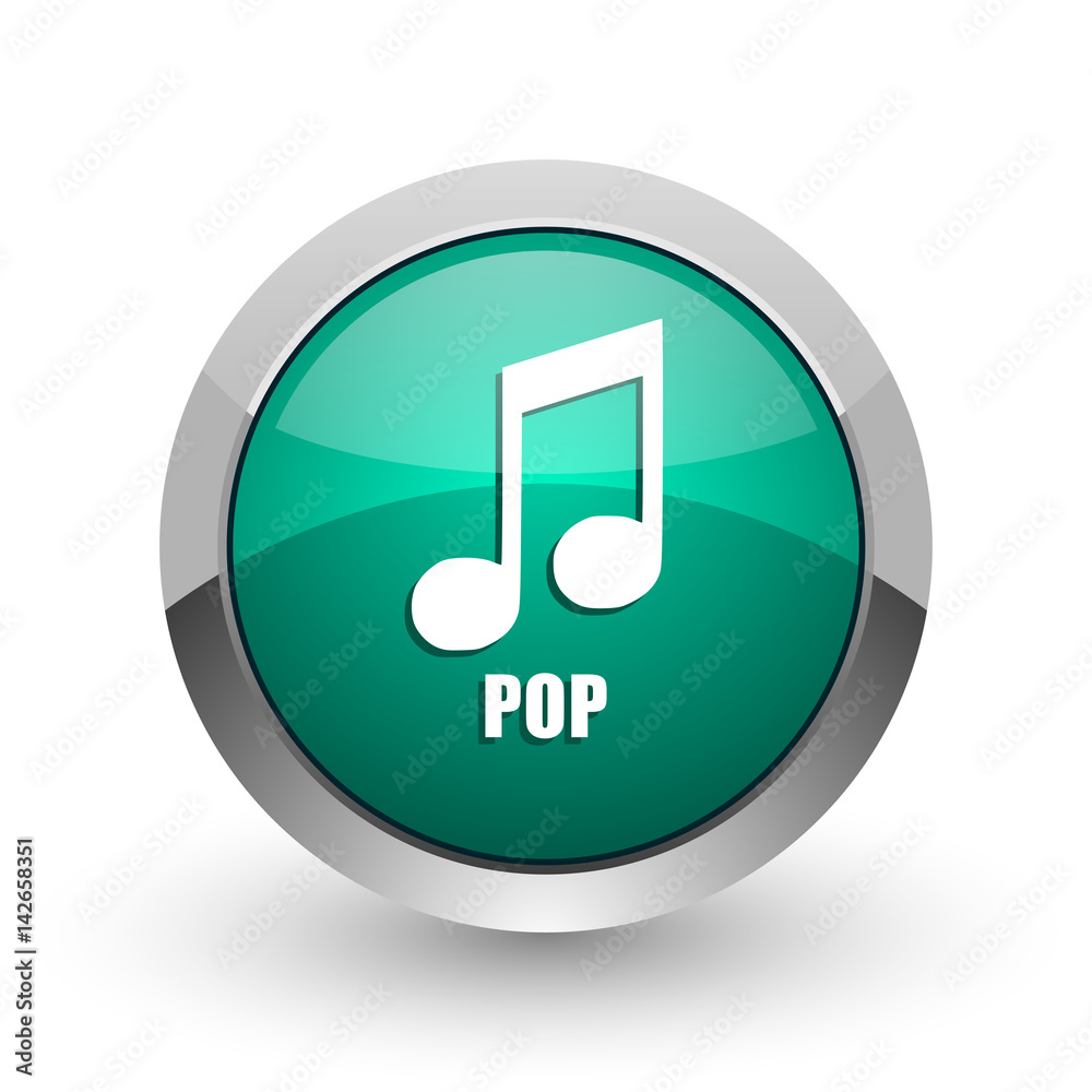 Aufkleber pop music silver metallic chrome web design green round internet icon with shadow on white backgroun