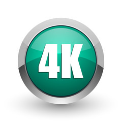 4k silver metallic chrome web design green round internet icon with shadow on white background.