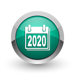 New year 2020 silver metallic chrome web design green round internet icon with shadow on white background.