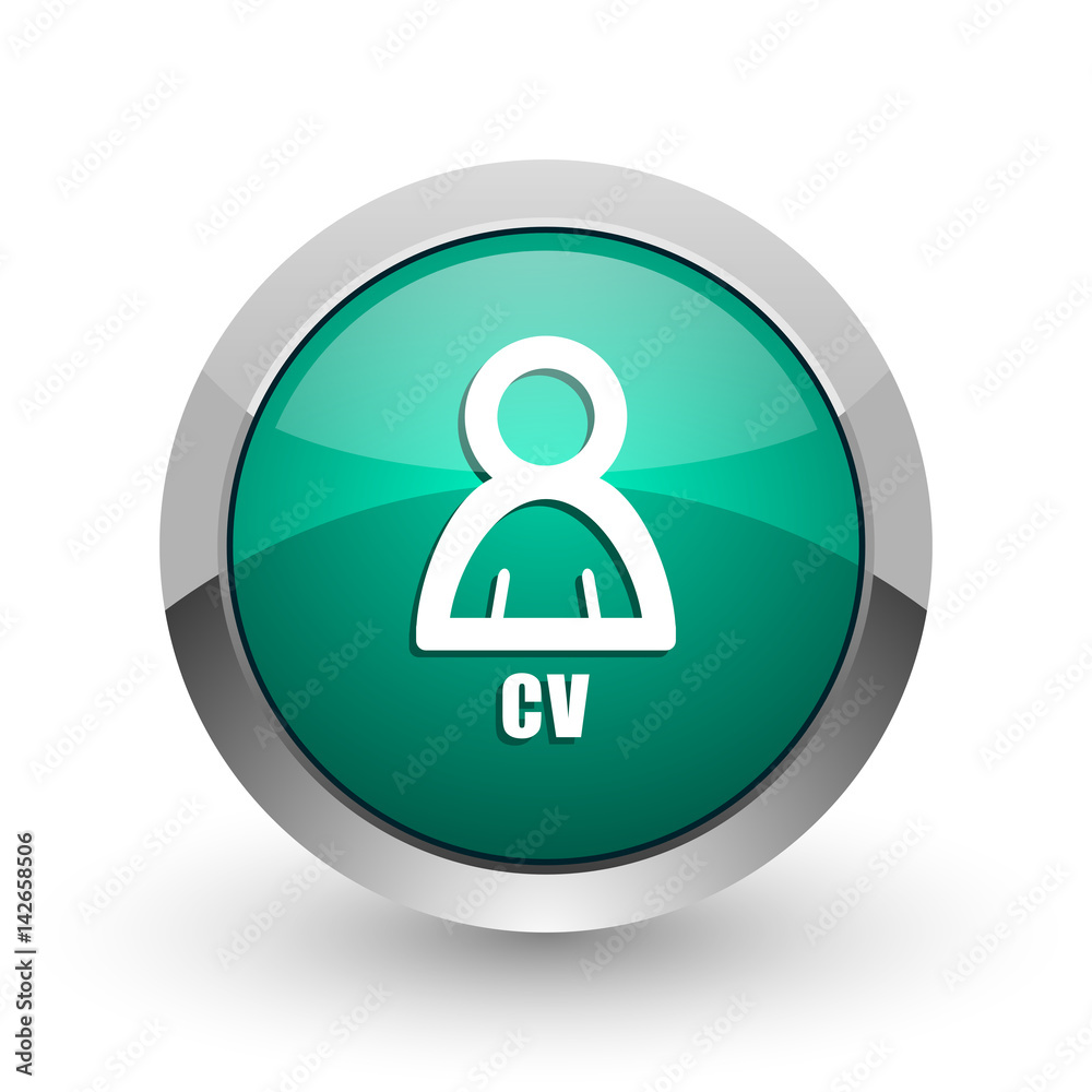 Poster Cv silver metallic chrome web design green round internet icon with shadow on white background.