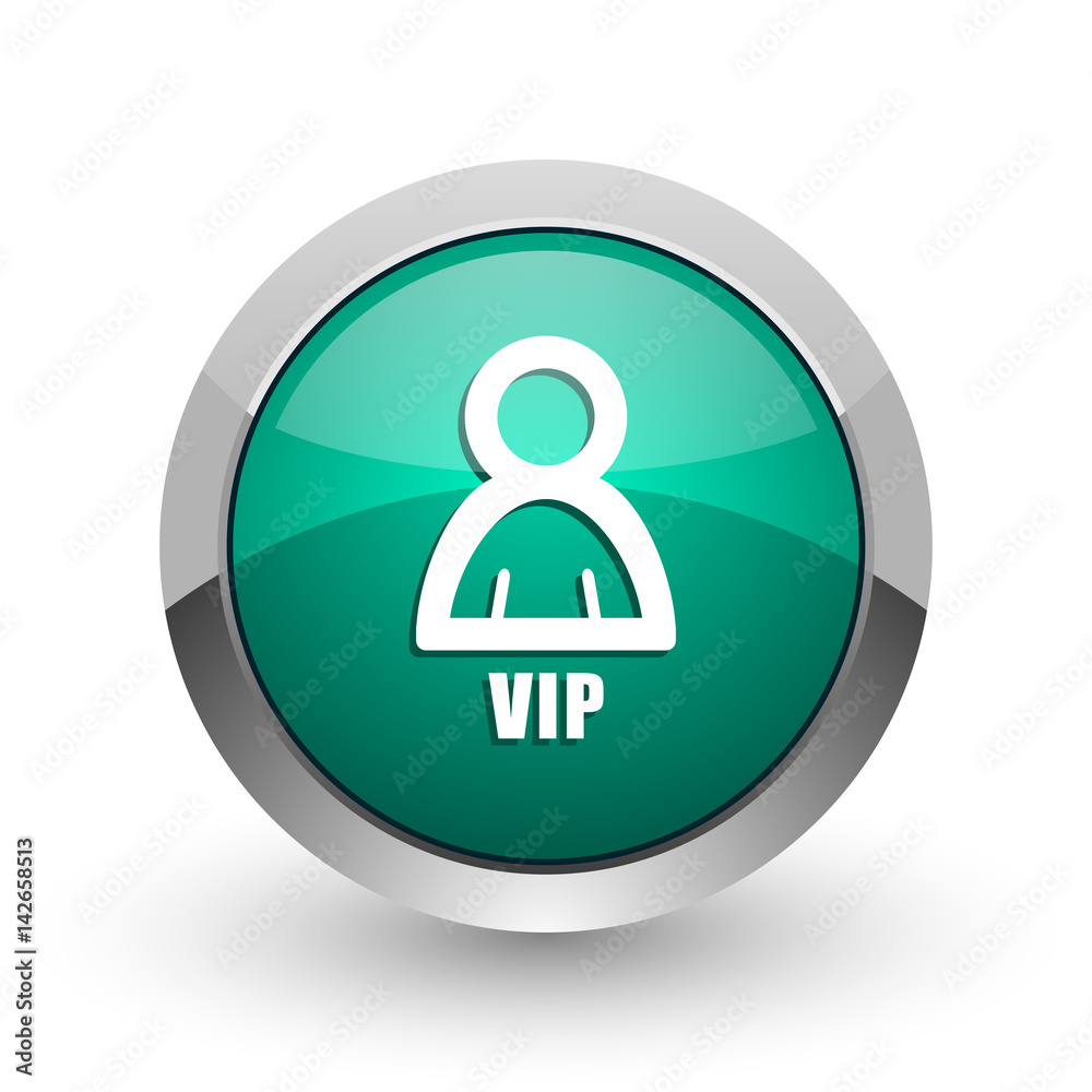 Aufkleber vip silver metallic chrome web design green round internet icon with shadow on white background.