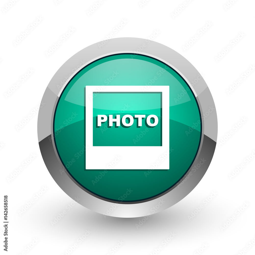 Poster photo silver metallic chrome web design green round internet icon with shadow on white background.