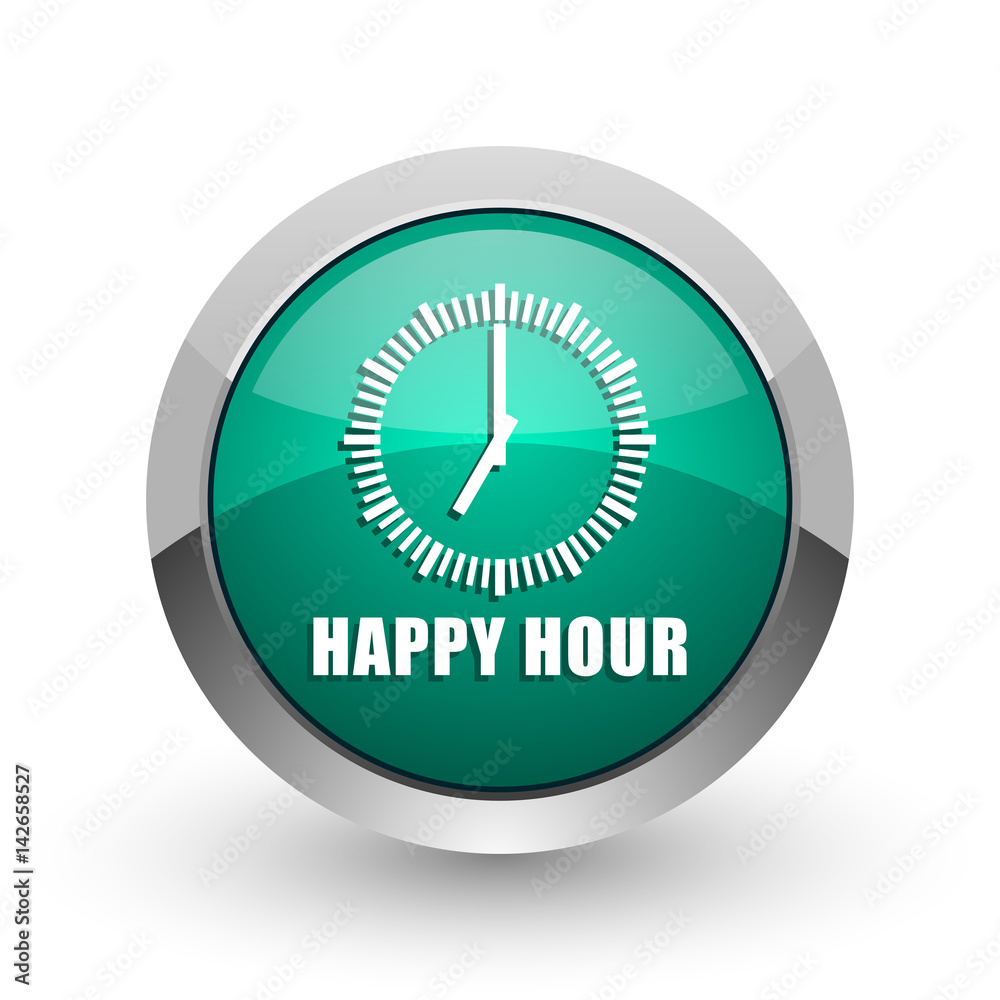 Poster happy hour silver metallic chrome web design green round internet icon with shadow on white backgrou