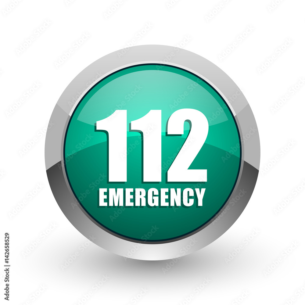 Poster Number emergency 112 silver metallic chrome web design green round internet icon with shadow on white background.