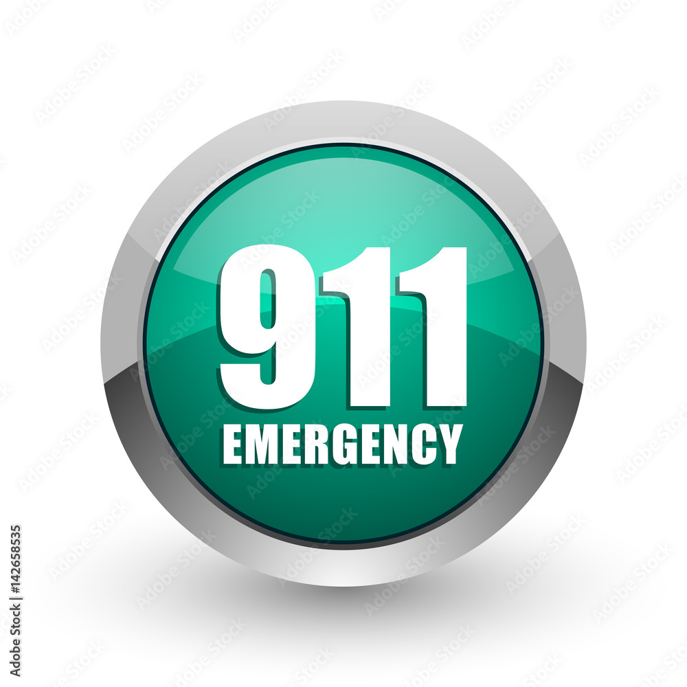 Poster number emergency 911 silver metallic chrome web design green round internet icon with shadow on whit