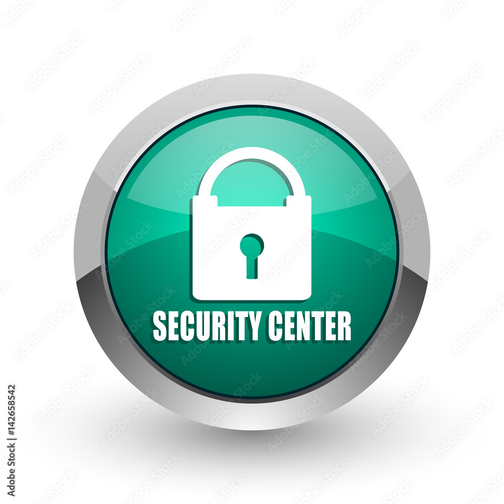Poster security center silver metallic chrome web design green round internet icon with shadow on white bac