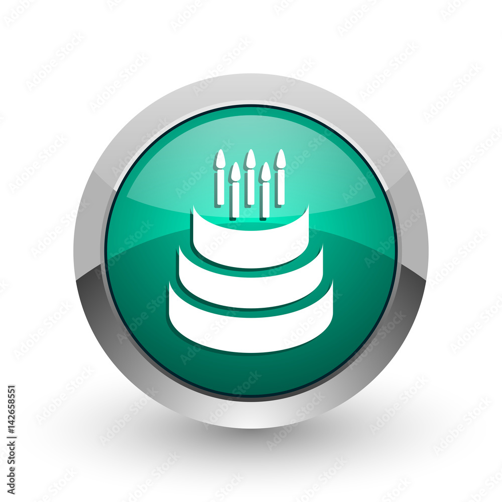 Aufkleber cake silver metallic chrome web design green round internet icon with shadow on white background.