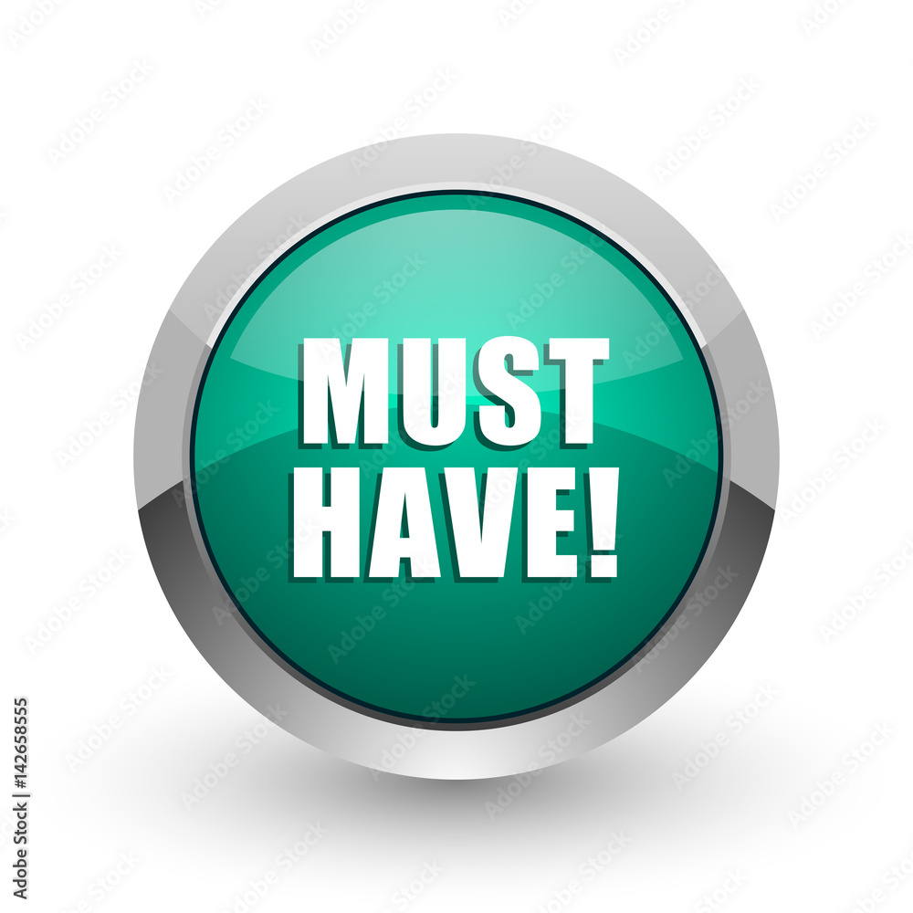 Poster must have silver metallic chrome web design green round internet icon with shadow on white backgroun