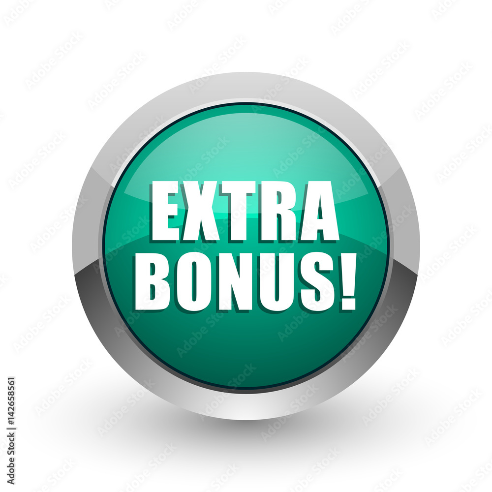 Poster extra bonus silver metallic chrome web design green round internet icon with shadow on white backgro