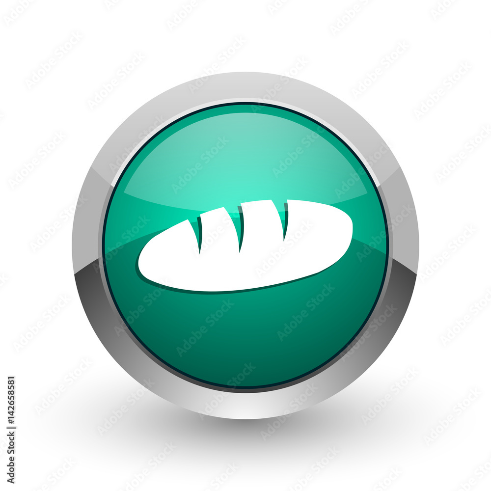Aufkleber bread silver metallic chrome web design green round internet icon with shadow on white background.