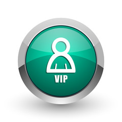Vip silver metallic chrome web design green round internet icon with shadow on white background.
