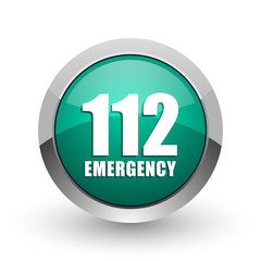 Number emergency 112 silver metallic chrome web design green round internet icon with shadow on white background.