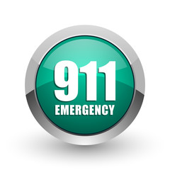 Number emergency 911 silver metallic chrome web design green round internet icon with shadow on white background.